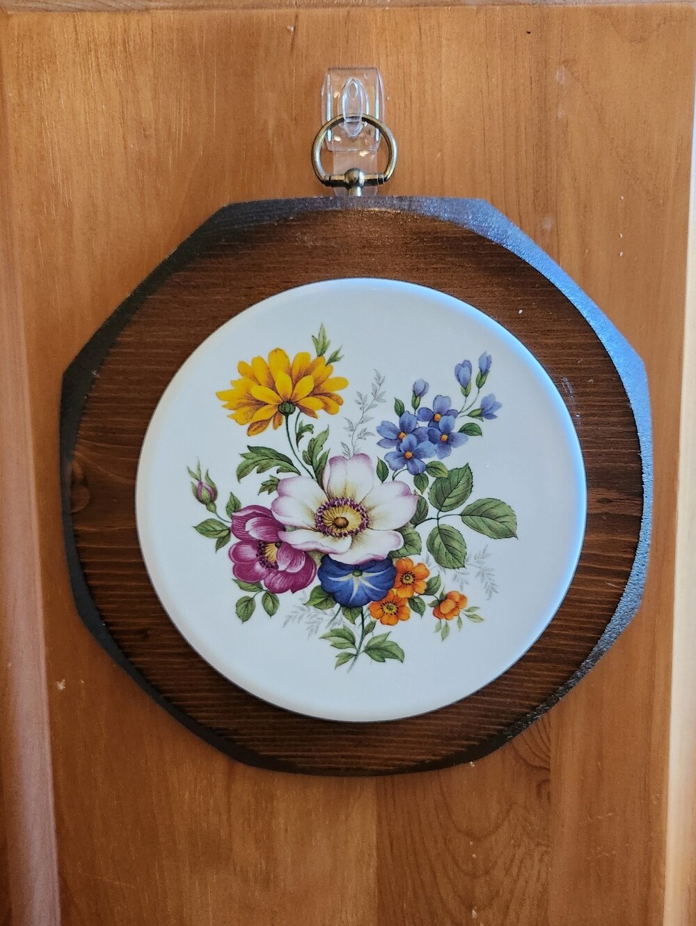 Vintage Jerry Schultz Ceramic Tile On Wood Floral Trivet / Wall Hanging